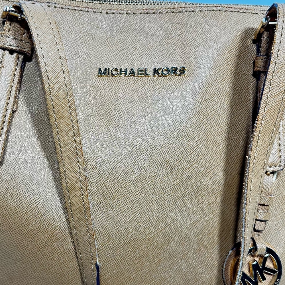 Michael Kors Jet Set Travel Large Tan Leather Tote Shoulder Bag Handbag Purse - Picture 4 of 9